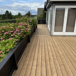 træterrasse foran sort hus med røde døre og trin